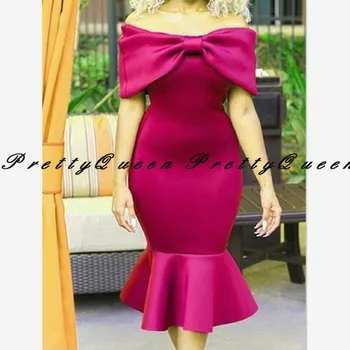 

Women Mermaid Bridesmaid Dresses With Bow Top 2020 Boat Neck Tea Length Fishtail Wedding Party Dress Prom Gown Vestidos