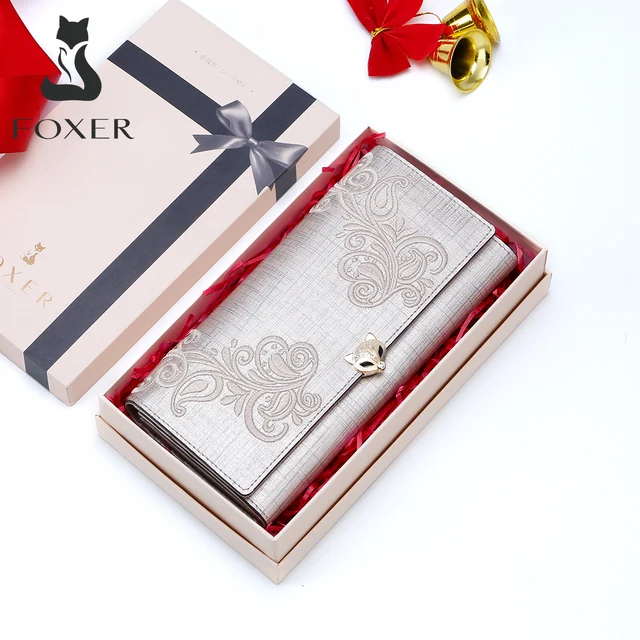 FOXER Women s Card Holder Fashion Clutch Bag Split Leather Long Tri fold Wallet Flower