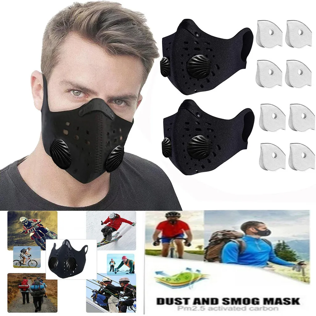

PM2.5 Anti-dust Anti-splash Spray Anti-virus Protective Equipment Mask black 2PCS plus 8 filters For Outdoor Sports