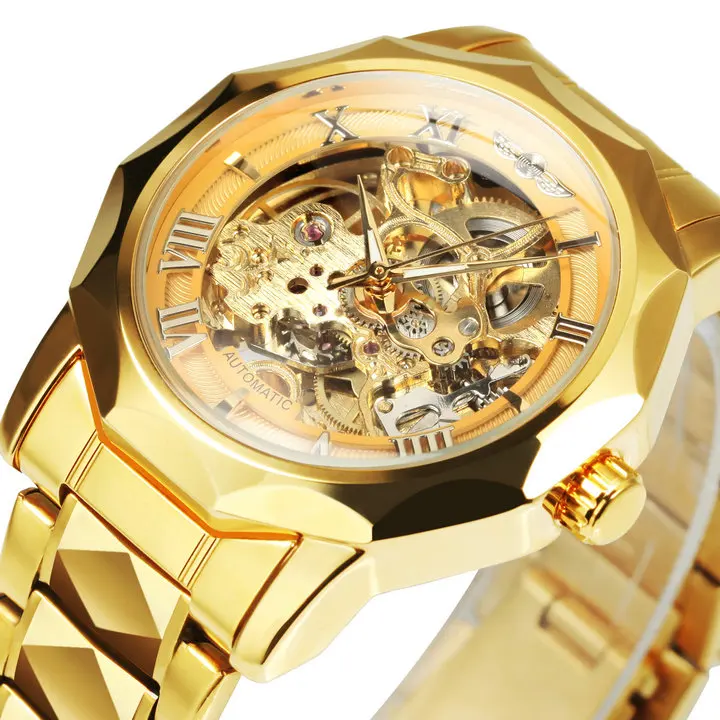 WINNER Luxury Skeleton Mechanical Watch for Men Golden Royal Dodecagon Case Carved Movement Stainless Steel Strap Luminous Hands 