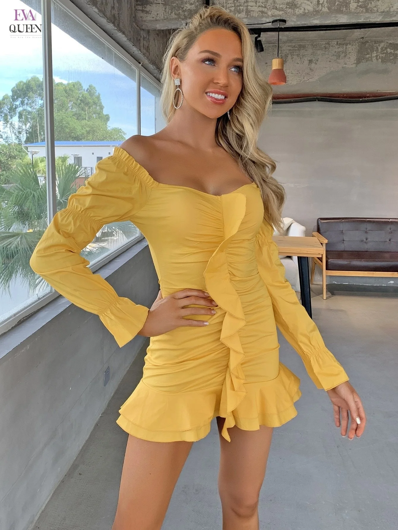 Joyfunear Off Shoulder Layered Hem Ruched Dress