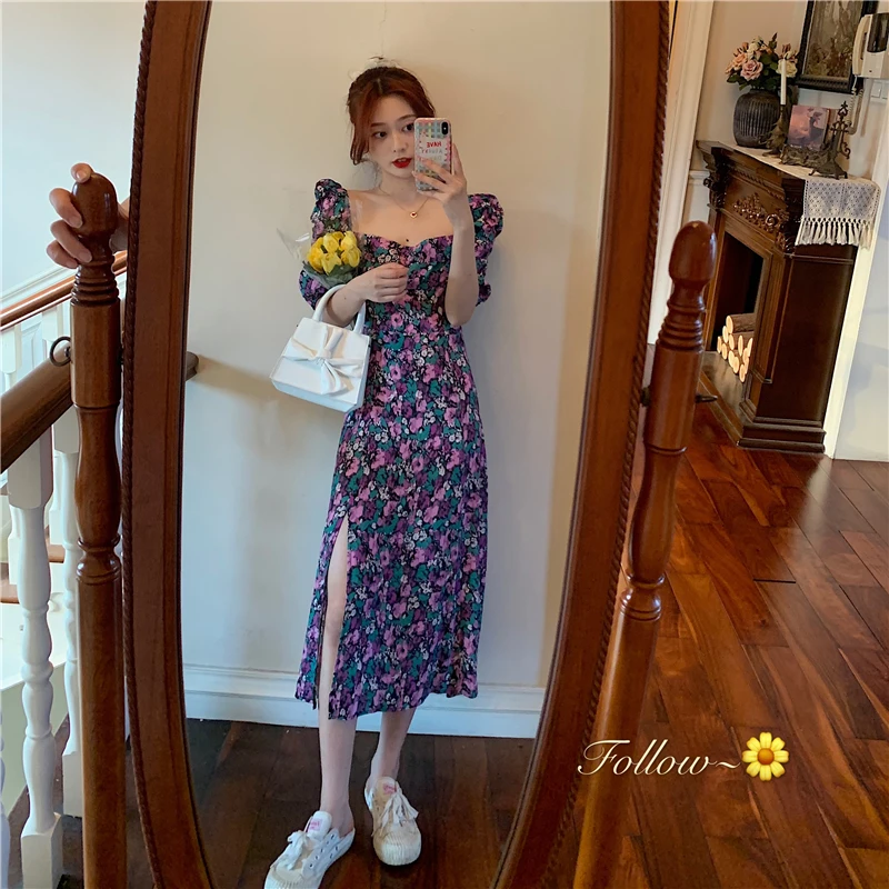 square collar printed puff sleeve midi dress