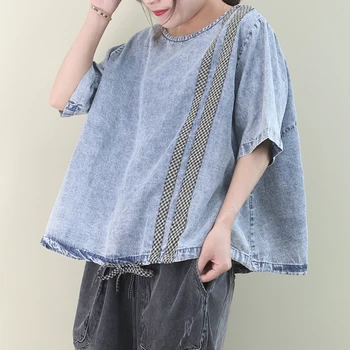 

[EWQ] 2020 Spring Summer New Pattern Round Collar Short Sleeve Denim Patchwork Pullovers Higt Street T-shirt Women 3AJ04705
