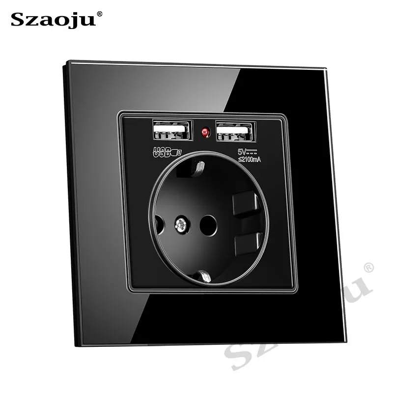 

Szaoju Dual USB wall socket 2.1A wall charger socket, German Bayer base 16A AC 110-250V Schuko F plug, tempered glass panel