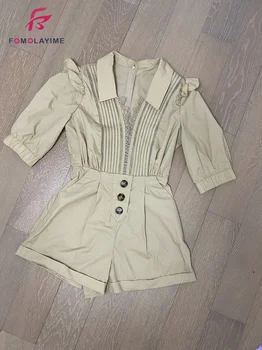 

High Quality Fashion Jumpsuit Summer 2020 New V-neck Puff Sleeve Khaki Lace Overalls One-piece Wide Leg Shorts Playsuits