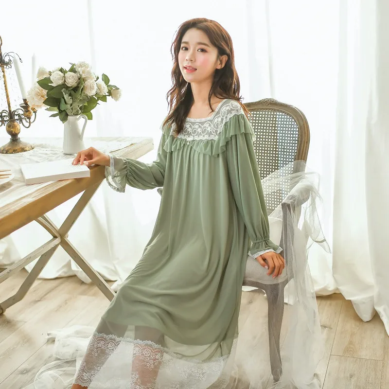 Deep Green New Sweet Spring Modal Inner Long Nightgowns For Women Vintage Princess Loose White Lace Long Sleepwear 3 Colors Home Wear - Цвет: Deep Green