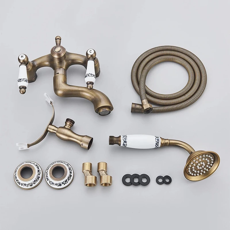 Bathtub Faucet Antique Brass Wall  Mounted Tub Sink Dual Handle With Handshower Bathroom Bath Shower Set Freestanding Mixer Tap 6