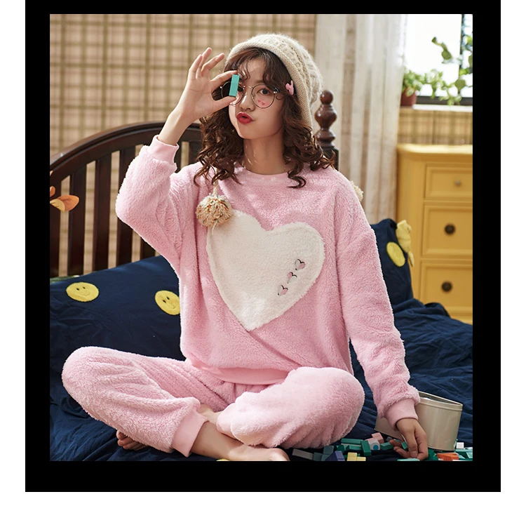 Perfering Корейская одежда для сна пижамные комплекты с принтом теплая утолщенная женская рубашка из кораллового флиса с длинными рукавами ночная одежда Прямая поставка