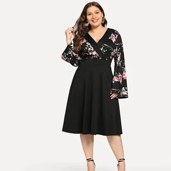 

Women Flare Sleeve Casual Floral Printed Summer Dress V Neck Pleated Midi Dress Office Lady Patchwork Black Plus Size Dress
