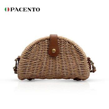 

PACENTO New Arrvial Woven Rattan Bag Round Straw Shoulder Bag Crossbody Messenger Bags for Women Beach Purse Simple Bolsos Mujer
