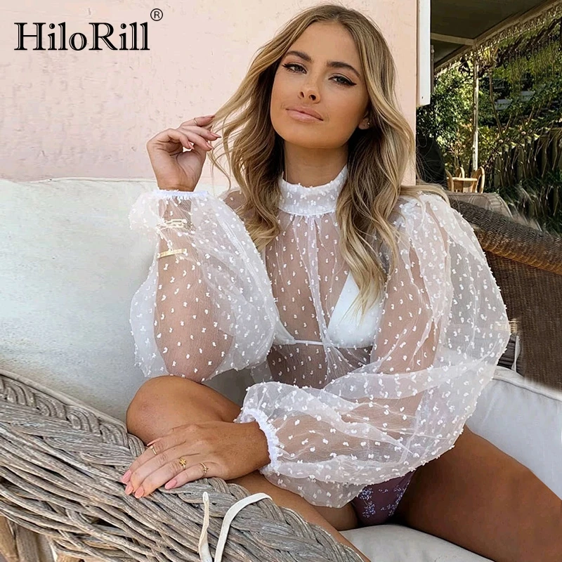 HiloRill женская сексуальная прозрачная блузка в горошек с вышивкой 2020 пышные