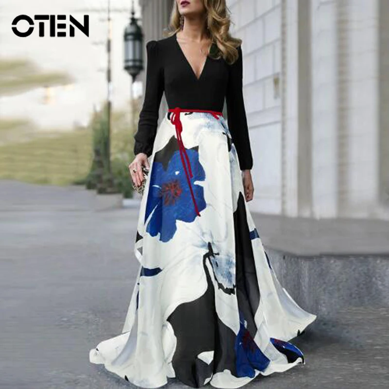 

OTEN 2019 Autumn Elegant Women Dress V Neck Femme Robe Party Black Long Sleeves Casual Ankle-Length Print Vintage Clothing Плать