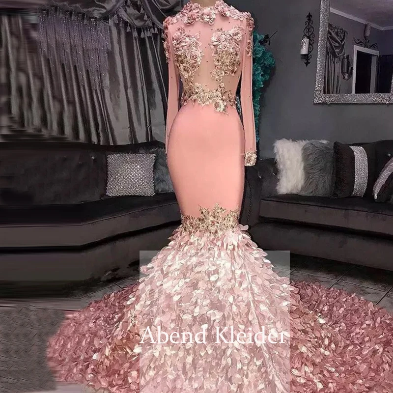 Фото Элегантные розовые Выпускные платья Русалочки с длинными рукавами 2020 черное
