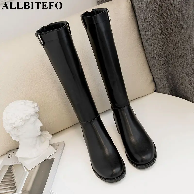 ALLBITEFO/женские сапоги из натуральной кожи и PU искусственной кожи женские сапоги до колена на толстом каблуке зимние высокие сапоги женская обувь на высоком каблуке