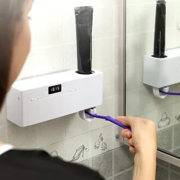 

Toothbrush Sterilizer Holder Clock Household With Toothpaste Squeezer Wall Mounted Timing Self Adhesive Organizer Punch Free UVC