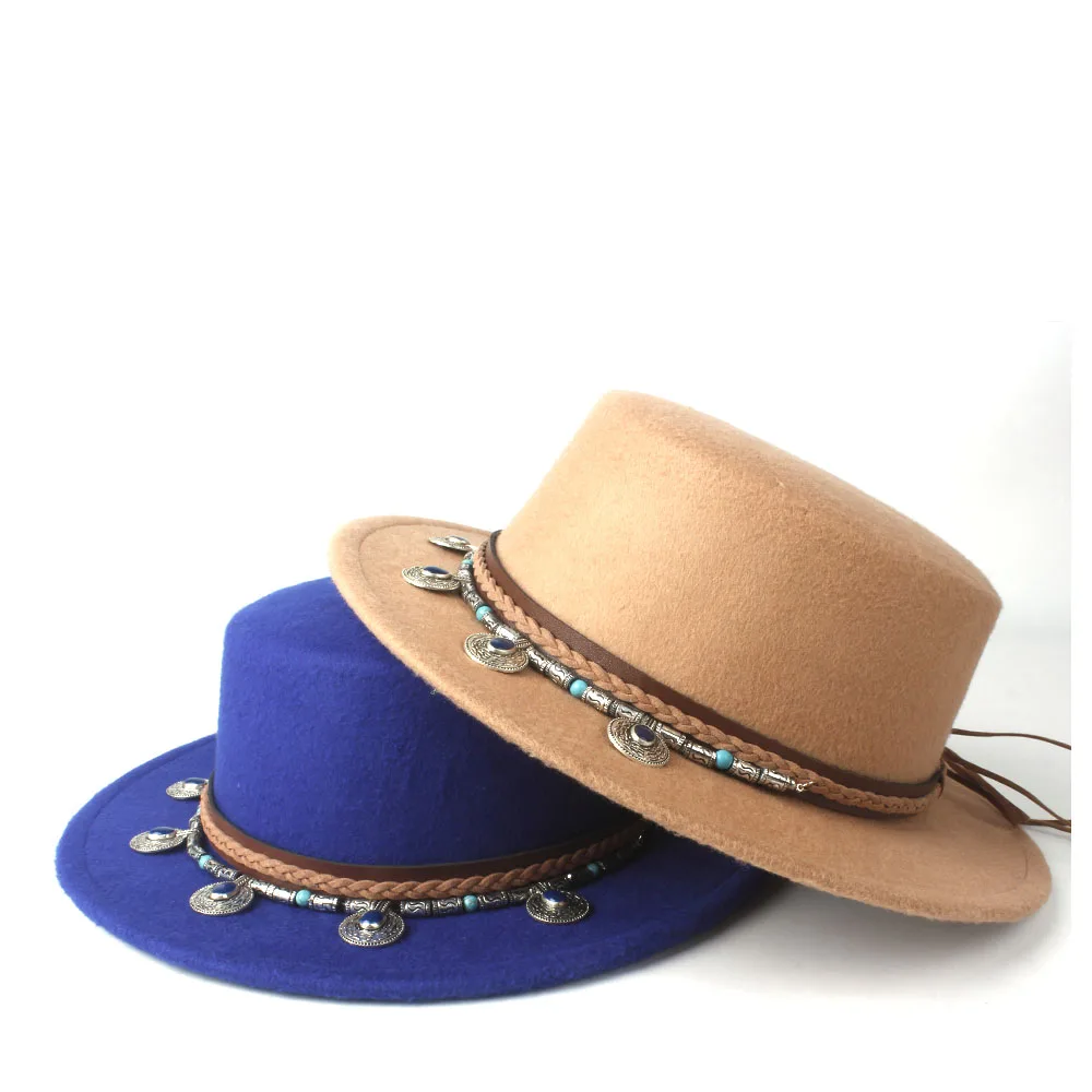 Women Fashion Flat Top Hat Wide Brim Hat Dance Party Boaters Hat Wool Homburg Trilby Hat Size 56-58CM