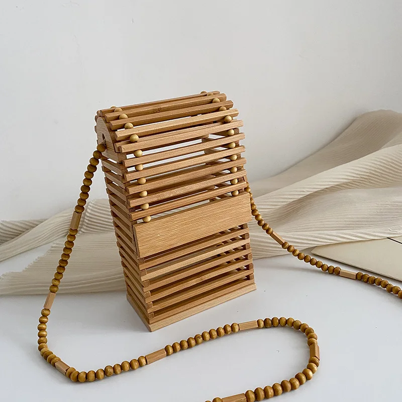 Fashion Bamboo Woven Box Women Shoulder Bags Hollow Wicker Beading
