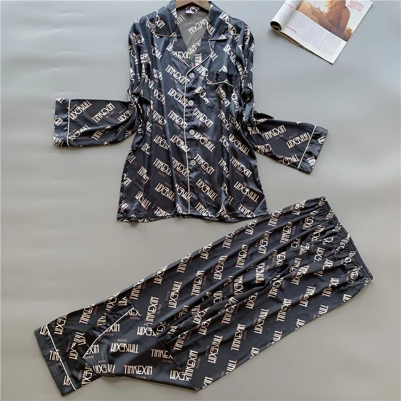 

Pajamas Men's Silk Printed Pajamas Silk-like Suit Cardigan Long Sleeve Long Pants Leisure Set pijama set sleepwaear nightgowns