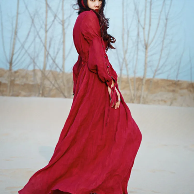 

Summer and Autumn New Pleated Cotton and Linen High Waist Retro Dress Solid Color Slim Puff Sleeve Long Dress Women