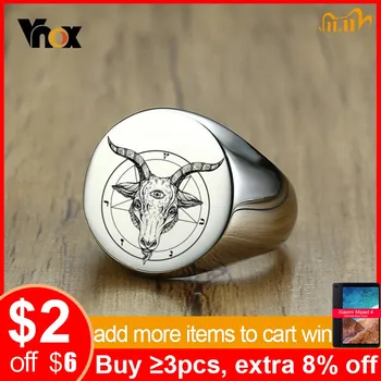 

Vnox Devil Goat Head Custom Engrave Mens Stamp Ring Stainless Steel Rock Round Top Signet Ring