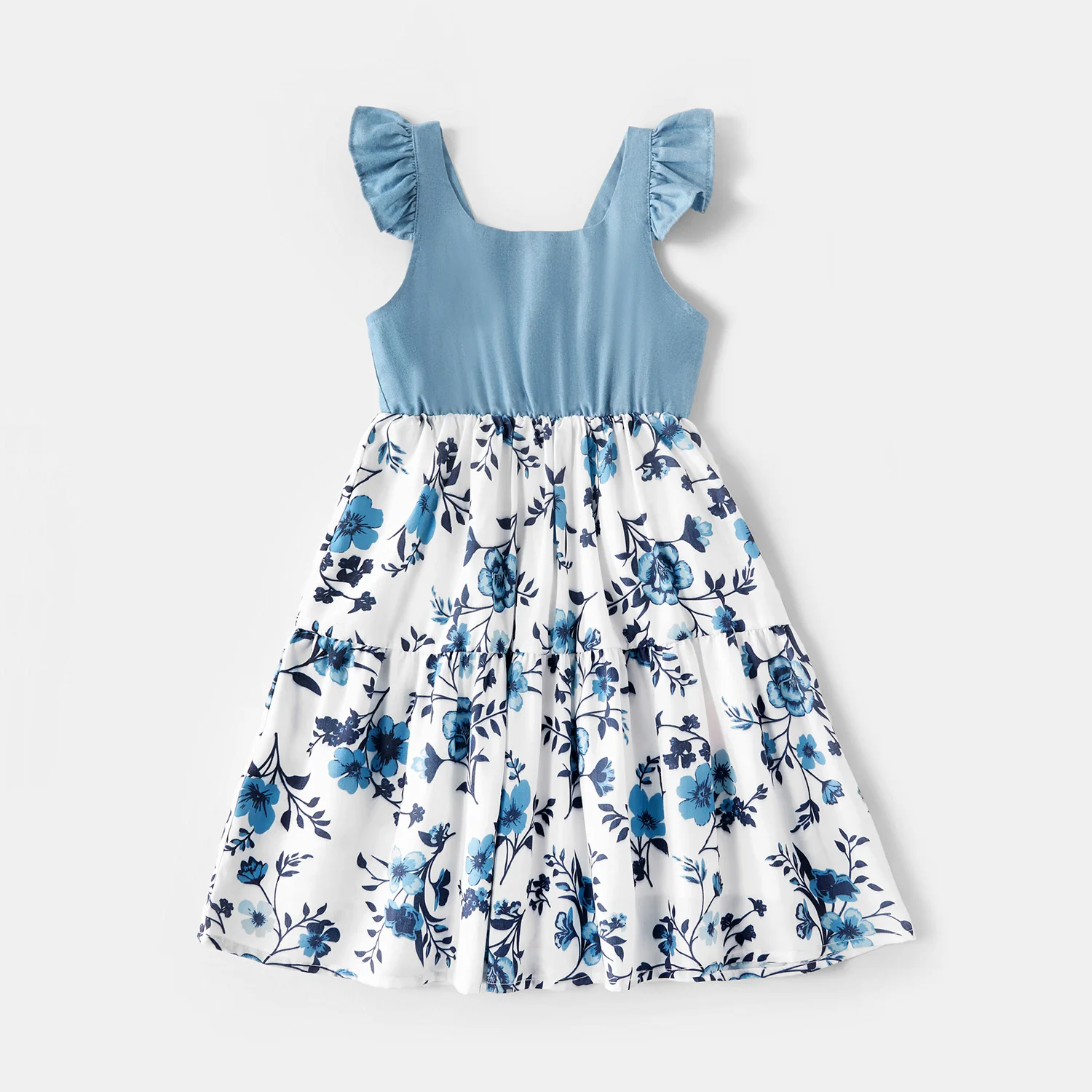 Summer Cotton Family Matching Onesies Floral Flounce Tank Dresses and Denim Tops Family Look Sets