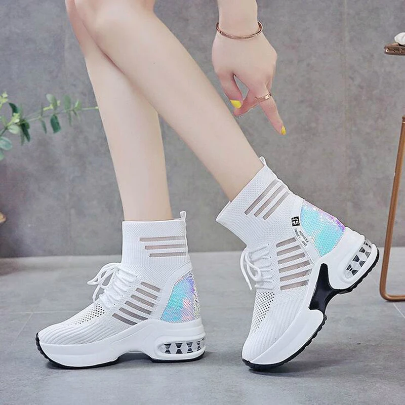 Women Summer Mesh Platform Sneakers Trainers White Shoes High Heels Wedges Outdoor Shoes Breathable Casual Shoes Woman W67