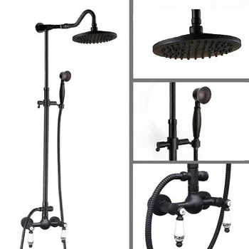 

Black Oil Rubbed Bronze Dual Ceramic Handles Bathroom Rainfall Rain Shower Head Faucet Set Bath Mixer Tap Wall Mounted mrs815