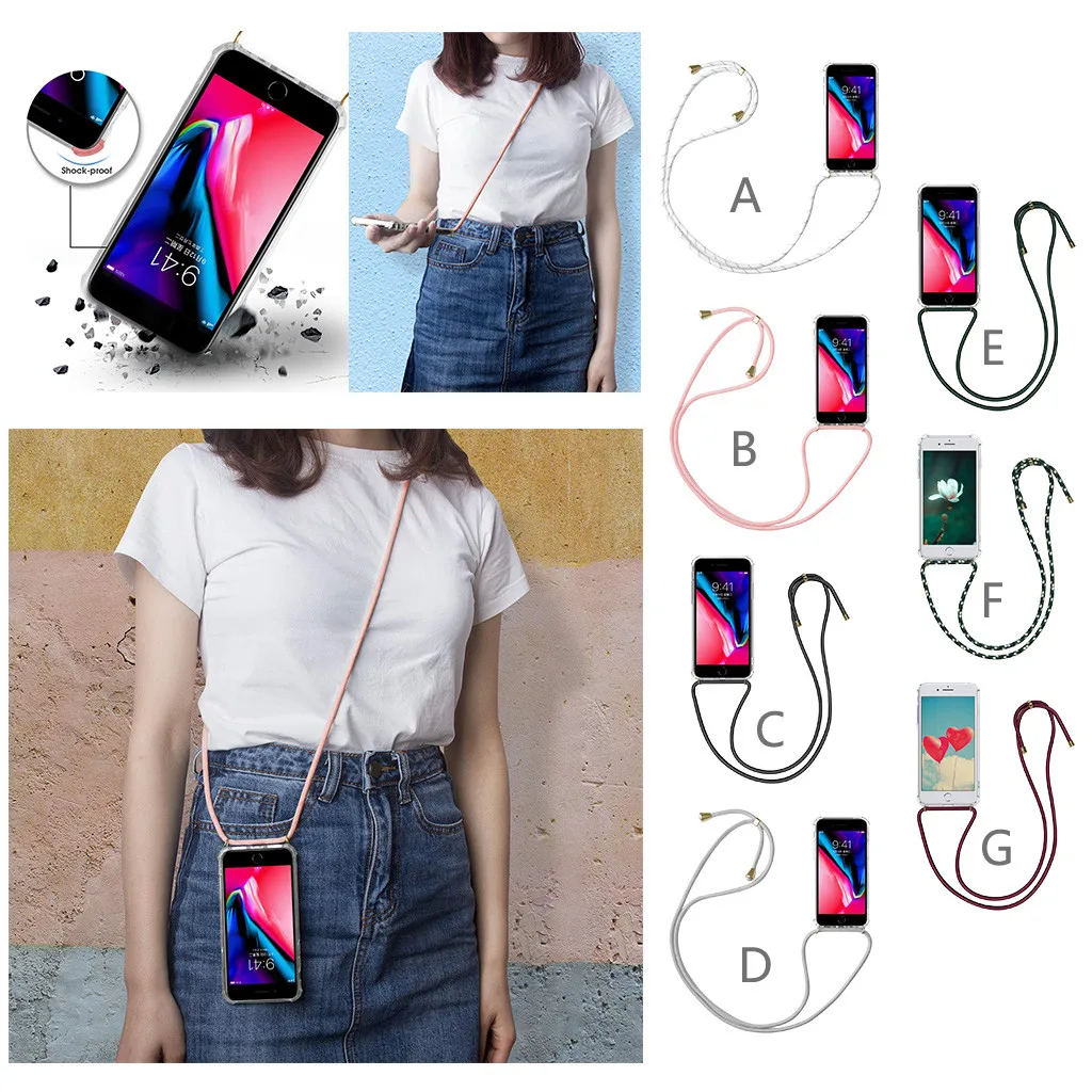 Lanyard Neck Strap transparent TPU case Retractable String Silicone Phone Cover Case Full Protection Shock Proof for iphone 7/8