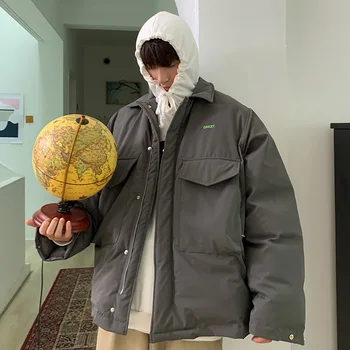 

2019 New Japanese Cotton Winter Simple Solid Color Men's Loose Version Small Fresh Printed Stand Collar Casual Coat