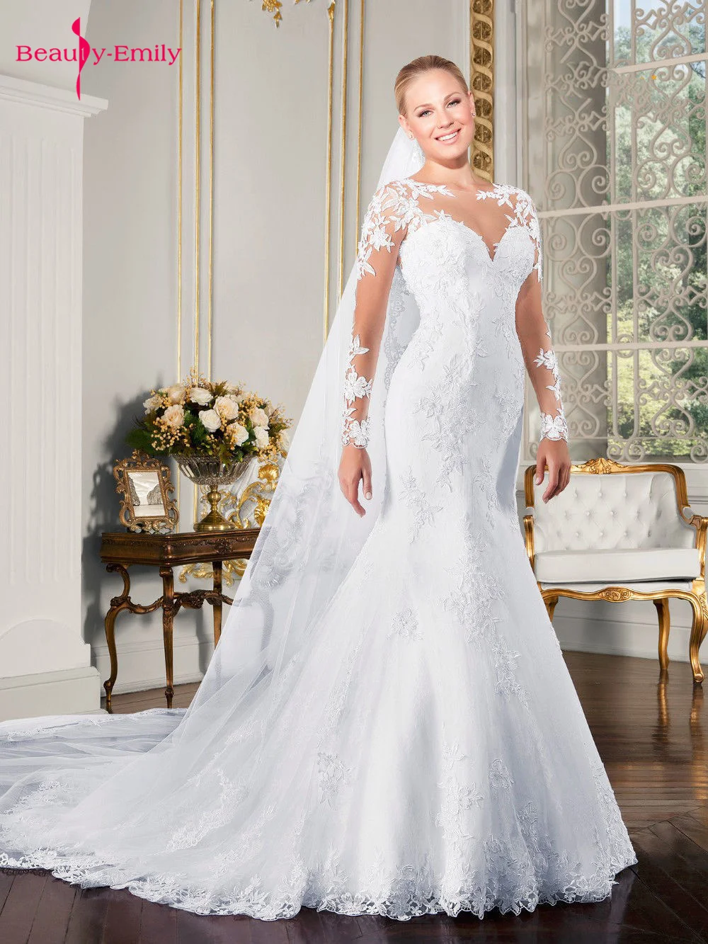 Красота Эмили класса «Люкс» с вышивкой Vestidos De Novia, v-образный вырез на шее, с кружевными аппликациями, Свадебные платья Русалочки с низким вырезом на спине, свадебное платье
