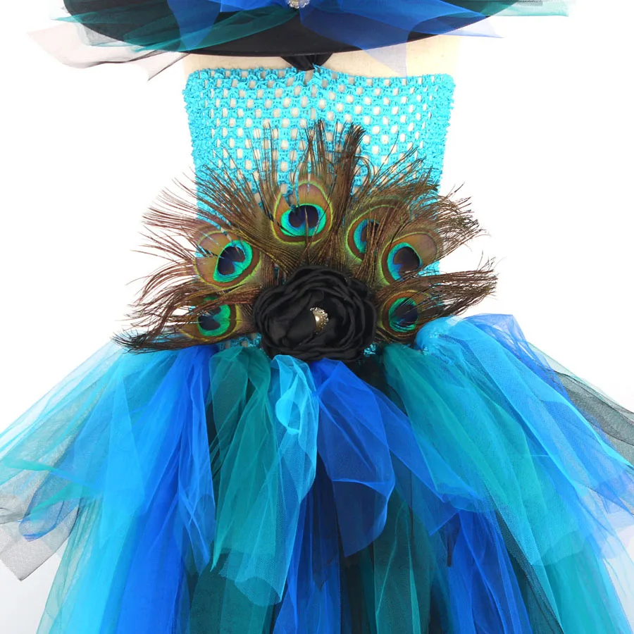 Girls Deluxe Peacock Feather Tutu Dress with Witch Hat Children Fancy Purim Pageant Birthday Party Costume Kids Prom Ball Gown (4)