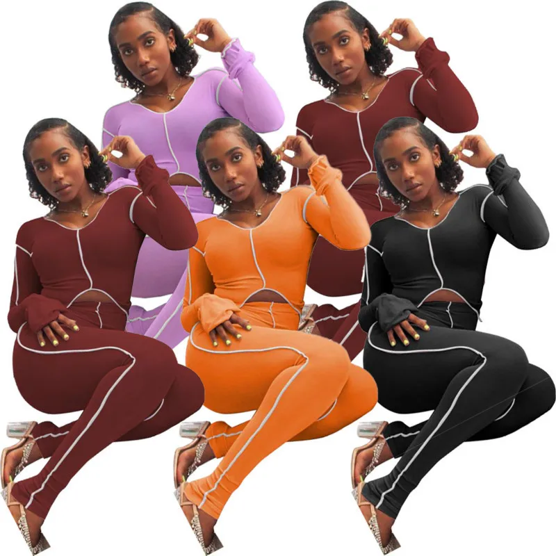 

2020 Autumn Women Sports Suit Hot Selling Fashionable Line Flared Sleeves & Pants European And American Casual 2 Piece Set