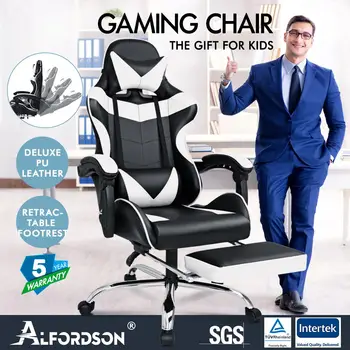 

ALFORDSON Office Seat Racing Chair Thick Padding Footrest Executive VOGLER White Colour