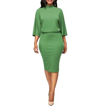 

Casual Women Autumn Solid Color O Neck 3/4 Sleeve Waist Tight Bodycon Midi Dress Womens wear