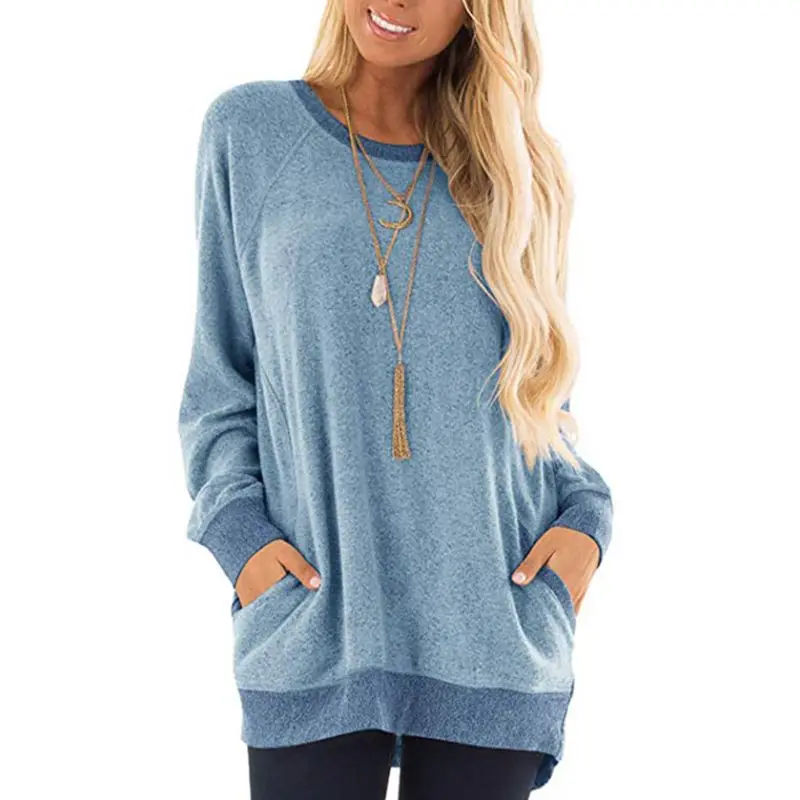 

2019 Women's Funnel Neck Hoodies Color Stighing Drawstring Casual Pullover Hooded Sweatshirt With Side Pockets Autumn Sweatshirt