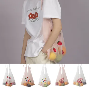 

Transparent Organza Tote Mesh Cloth Bag Embroidery Handbag Cute Flower Tulle Fruit Bag Purse Shopping Bag Large Capacity Gift