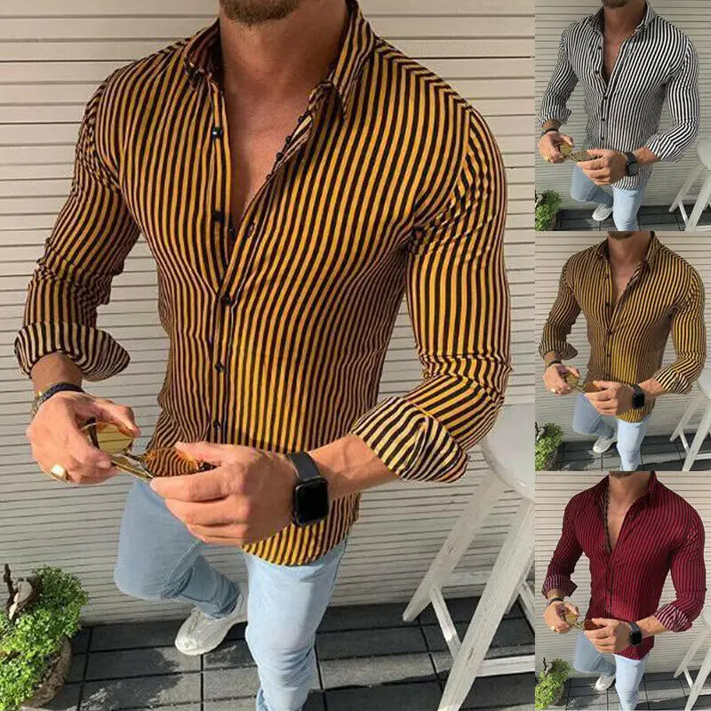 

Fashion Men's Slim Fit Button Turn-Down Collar Shirts Casual Blouse Mens Long Sleeve Stripe Shirts Polyester Tops