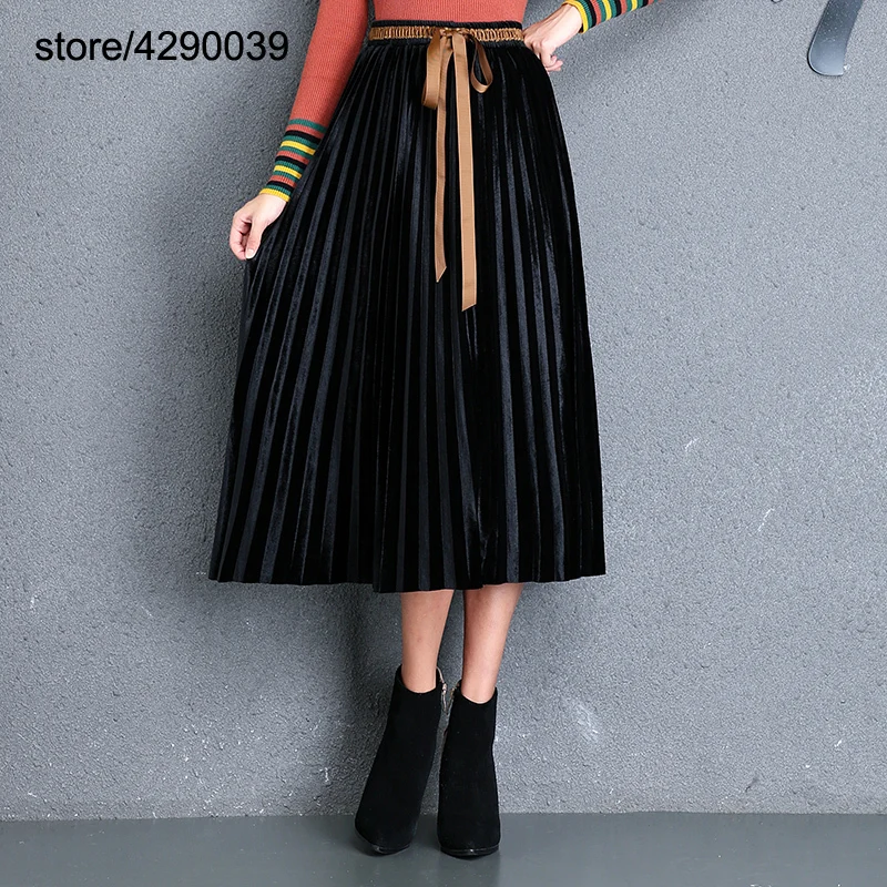 Золотая Бархатная юбка женская осень новая высокая талия металлический цвет плиссированная юбка была тонкой драпировкой большие качели с поясом длинные юбки