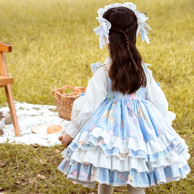 Sweet Cute Kid Princess Dress Exquisite Print Bear Loli Lolita Dress Soft Cotton Girl Halloween Carnival Stage Performance Suit