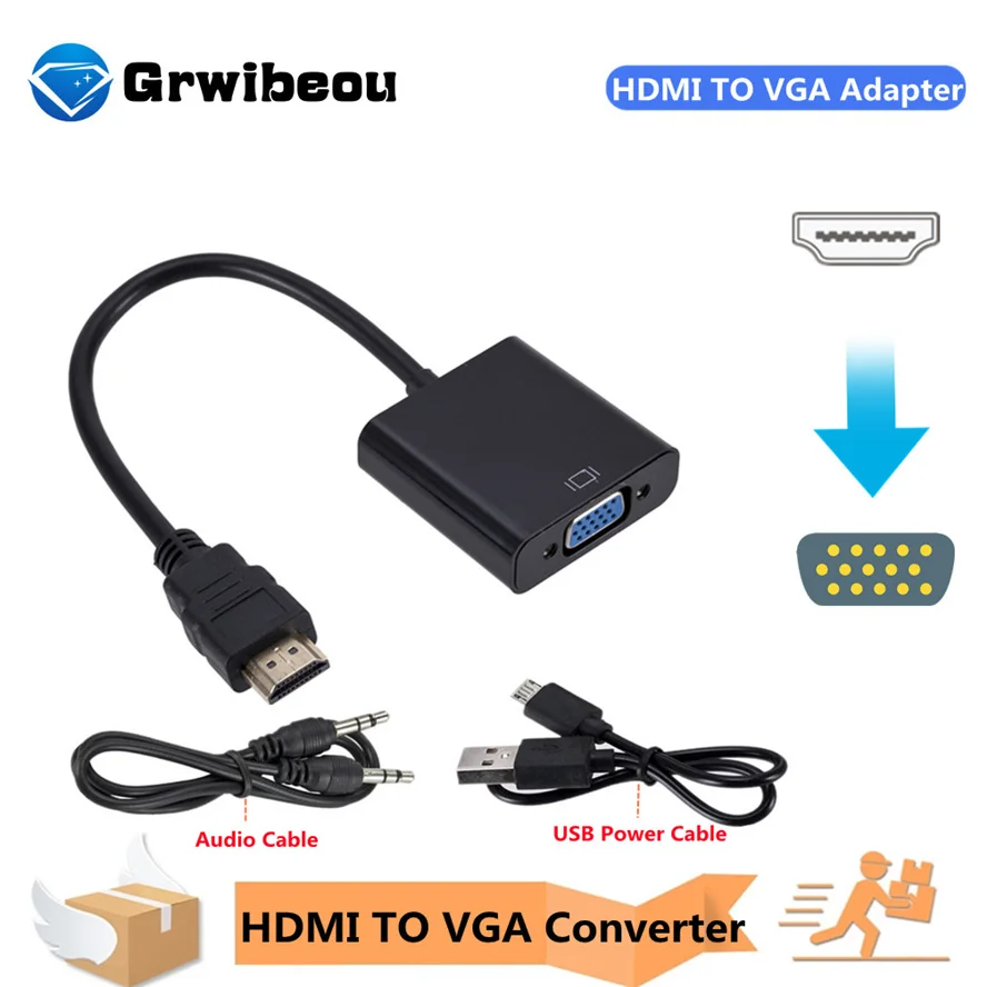 

Grwibeou HDMI TO VGA Adapter Cable Male To Famale Converter 1080P VGA Jack 3.5 AUX Cable USB Power For PC Laptop projector TV