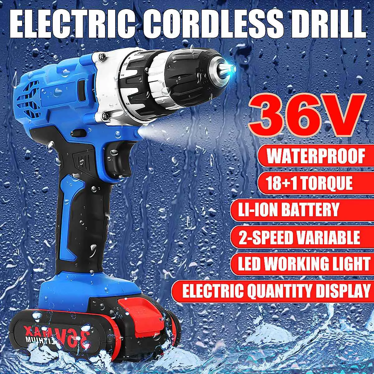

36V Electric Drill Cordless Power Screwdriver with Digital display 18+1 Torque W/ 1 or 2 Li-ion Battery Power Tools
