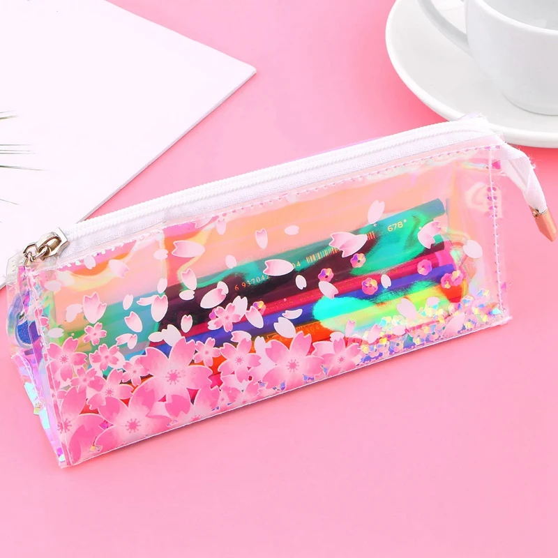 HOT-Transparent Pink Sakura Shiny Pencil Case School Supplies Pencil Bag Cute Stationery Office School Supplies