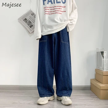 남성용 와이드 레그 청바지, 헐렁한 레트로 블루, 일본 심플 레저, 스타일리시 소프트, 올매치 포켓, 라지 사이즈, S-3XL 솔리드, 뉴 패션, 핫