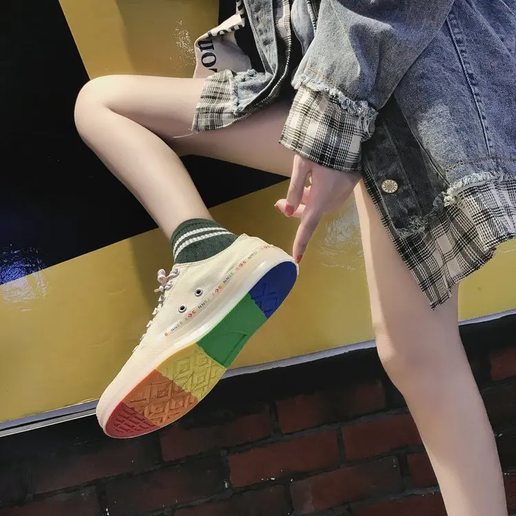 

Online Celebrity New Style Women's Lace-up Flat Color Collusion Jelly Rainbow Low Help Canvas Shoes White Shoes Casual Board Sho
