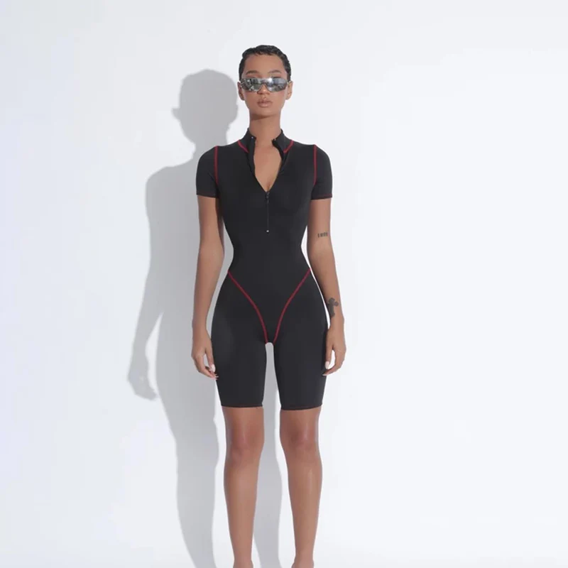 

Gothic Black Women O-Neck Short Sleeve Zipper Red Splice Line Playsuits 2020 Spring New Goth Female Aesthetic Dark Slim Overalls