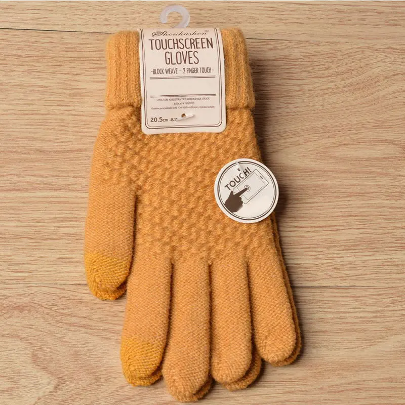 Женские и мужские Зимние перчатки для сенсорного экрана, осень, сохраняющие тепло, вязанные полный палец варежки, женские перчатки дл пар - Цвет: Цвет: желтый