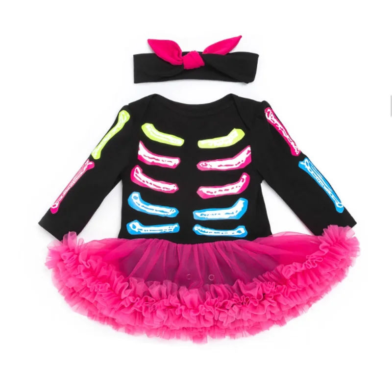 

New Style Baby Girls Halloween Colorful Skull Printed Long Sleeves Romper Dress Headband Two Pieces Sets