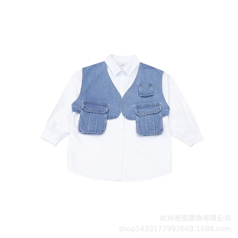 2020 spring new medium and large children girls white body with denim vest two-piece setscasual