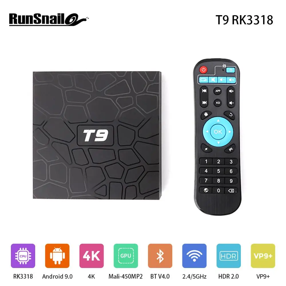 

Runsnail Smart tv box T9 RK3318 Quadcore Android 9.0 Set top box Dual 2.4G/5G wifi 4G 64G BT 4.0 100M RJ-45 LAN 1080P 3D