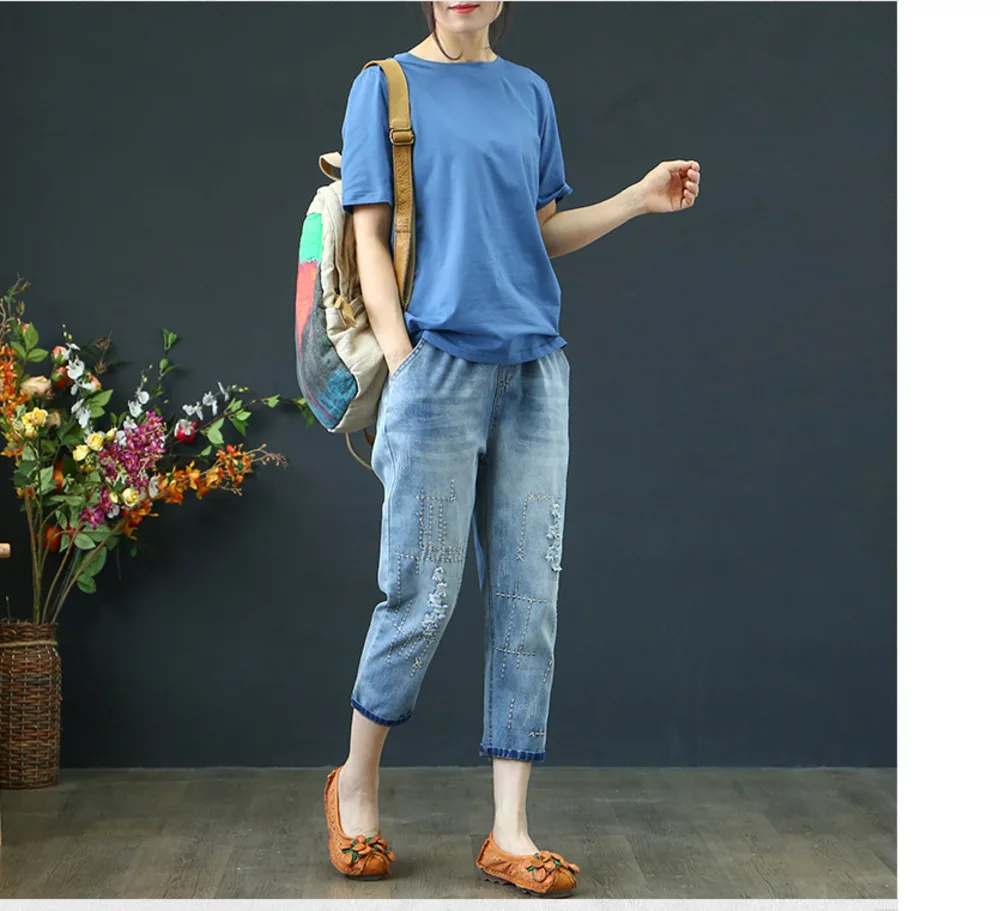 2019 летние рваные джинсы для женщин Винтаж отверстие стиральная вышивка джинсовые штаны Свободные Высокая талия дамские шаровары